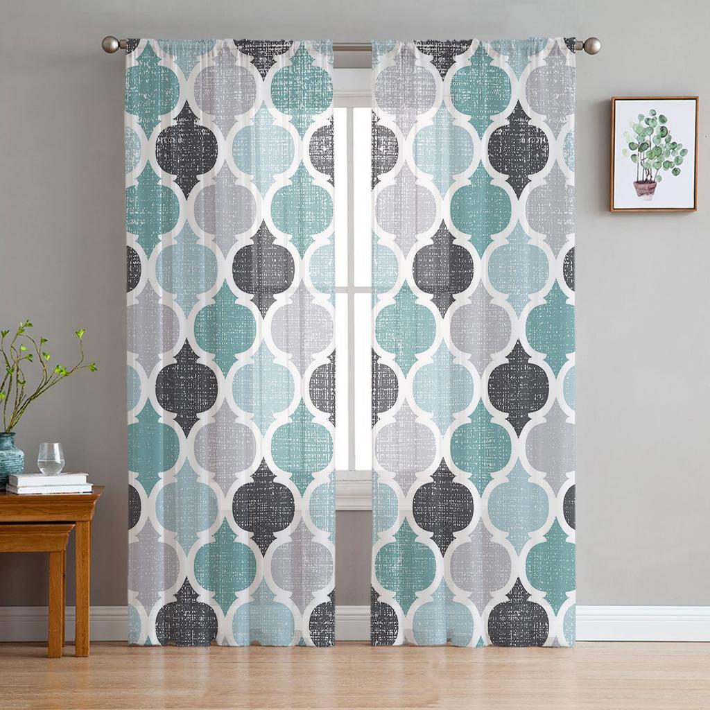 Geometric Cyan Vintage Moroccan Sheer Curtains for Living Room Decoration Window Curtains Kitchen Tulle Voile Organza Curtains