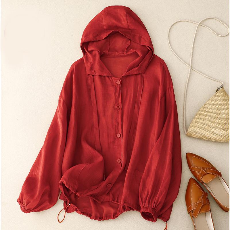 

Женская рубашка с защитой от солнца весна-лето, хлопковая и льняная толстовка с капюшоном, женская повседневная рубашка с защитой от солнца для пляжного отдыха XL красный
