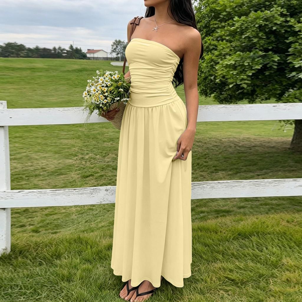 Women Sleeveless Strapless Ruched Bodycon Maxi Dress Casual Long Dress with Elastic Waistband Summer Beach Dress