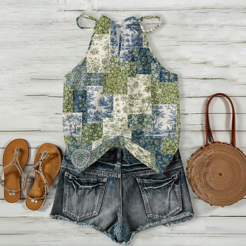 Damen ärmelloses Boho-Tanktop mit Blumendruck Verstellbarer Träger Lässige Sommerbluse Leicht Lockerer Schnitt