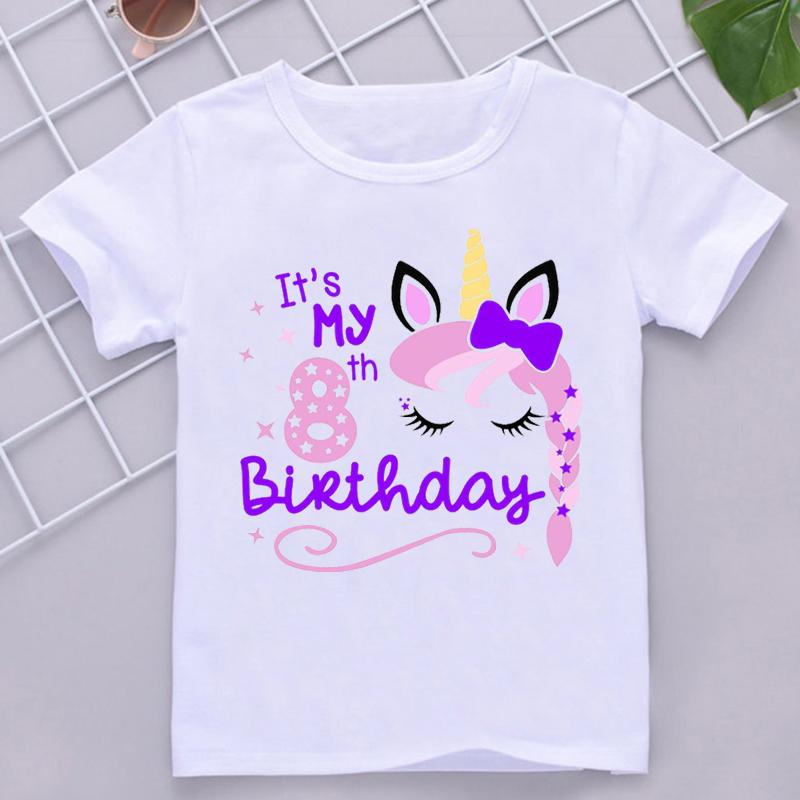 Kawaii Unicorn Face Eyelashes Number Tshirt It's My 3-9th Birthday T Shirt Kids Clothes Girl T-Shirt Short Sleeve T-Shirts