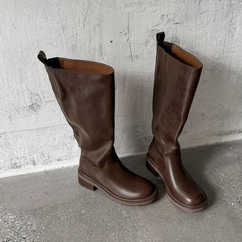 New women's leather Martin boots solid color versatile round head medium heel large size women's boots comfortable cowhide high boots