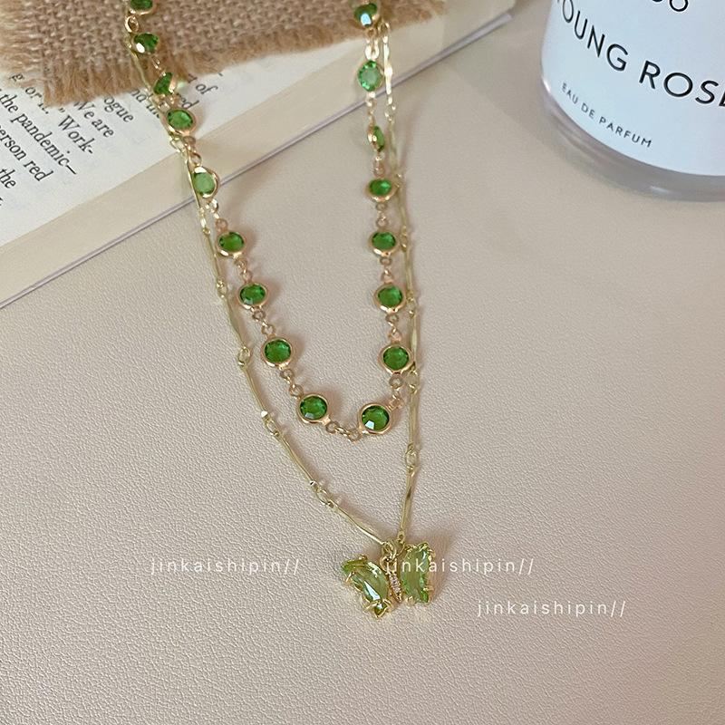 Korean Fashion Double layered Green Butterfly Necklace For Women Elegant Zircon Butterfly Pendant Choker Chain Girls Jewelry