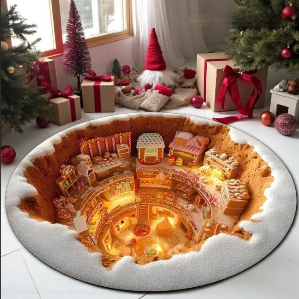Non-Slip Round Vortex Carpet Santa Claus Christmas Doormat 3D Illusion Rug  Christmas