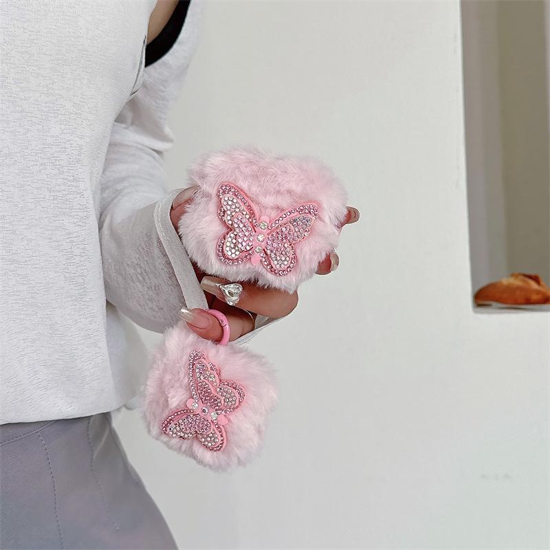 Plush pink diamond butterfly suitable for airpods4 protective case Apple bluetooth pro2 3rd generation earphone cover cute girl
