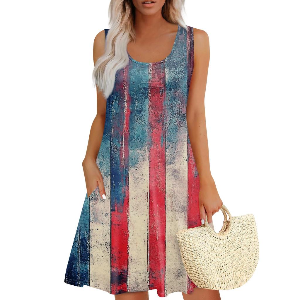 Women's Summer Casual Square Neck Independence Day Printed Dress Sleeveless Dress With Pockets