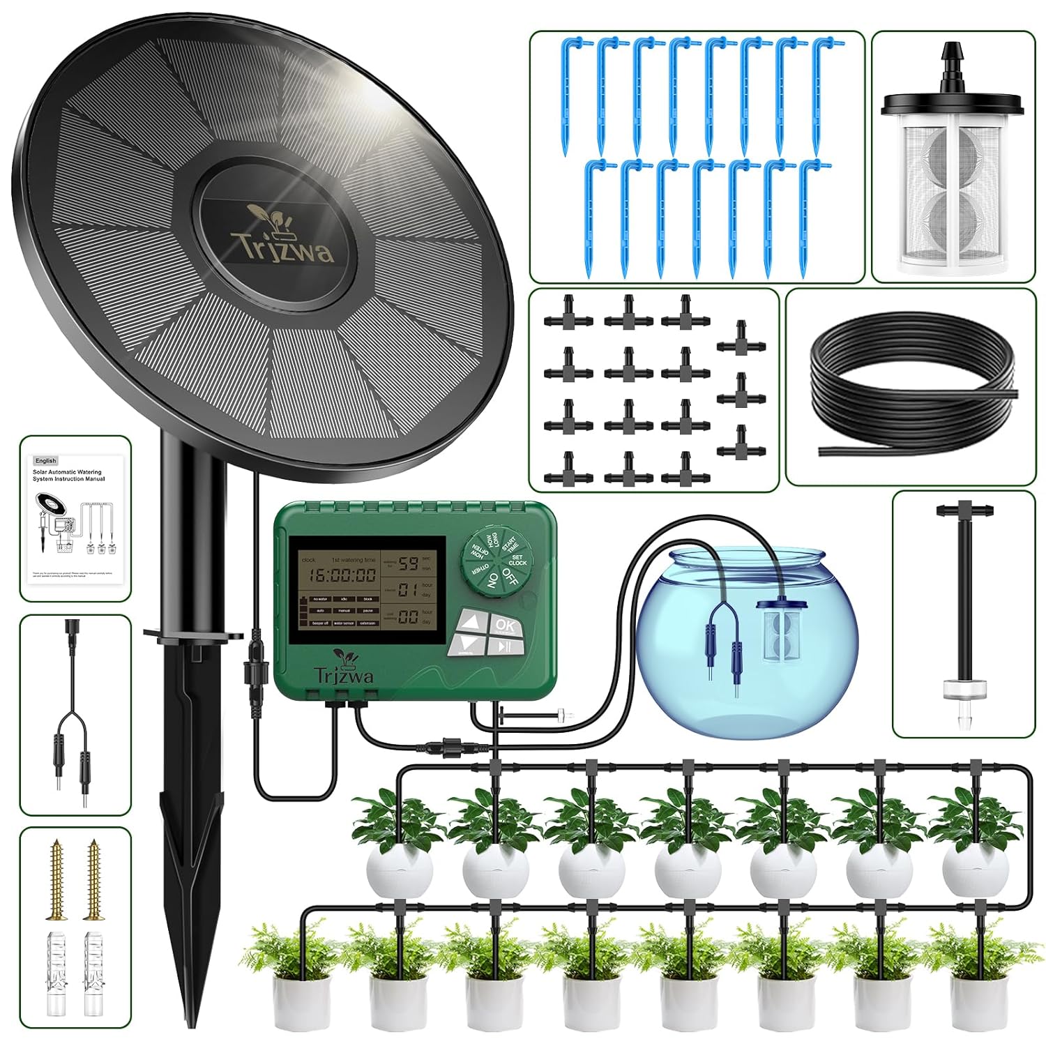 

Solar Irrigation System, Latest Garden Plant Drip Irrigation System Kit with Display Screen, Travel Automatic DIY Watering Timer