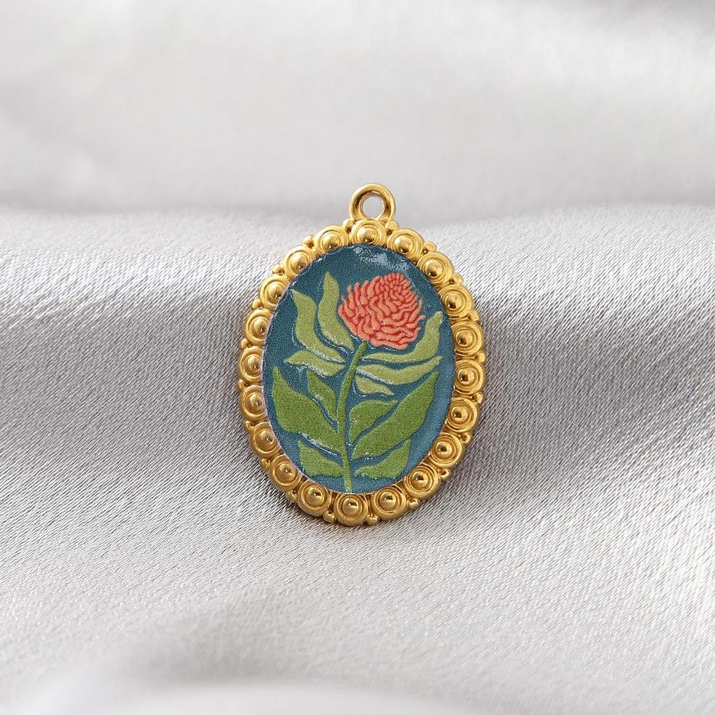 Vintage Floral Oil Painting Necklace Pendant - Stainless Steel, High-End Fashion Accessory