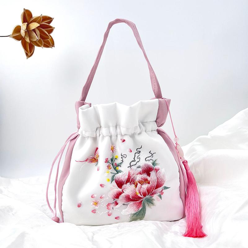 

Китайський стиль Ретро Квіти Вишивка Crossbody Сумки з верхньою ручкою Жіночі Плечі Мереживо Шнурок Сумка Відро Сумки Гаманці для монет Сумочки