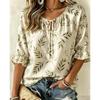 Women's Gingham Daisy Print Tie Neck Blouse Ruffle 3/4 Sleeve Lightweight Fresh Summer Casual Daily Shirt
