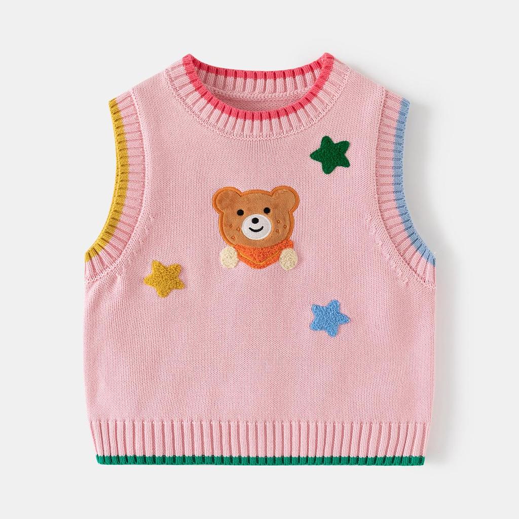 2024 Children's Cartoon Bear Sweater Vest - New Sleeveless Wool Pullover for Boys