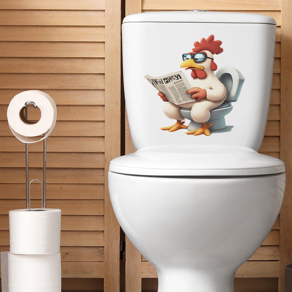 Cartoon Funny Reading Rooster Toilet Seat Sticker Bathroom Decor Humorous Removable Waterproof Decal