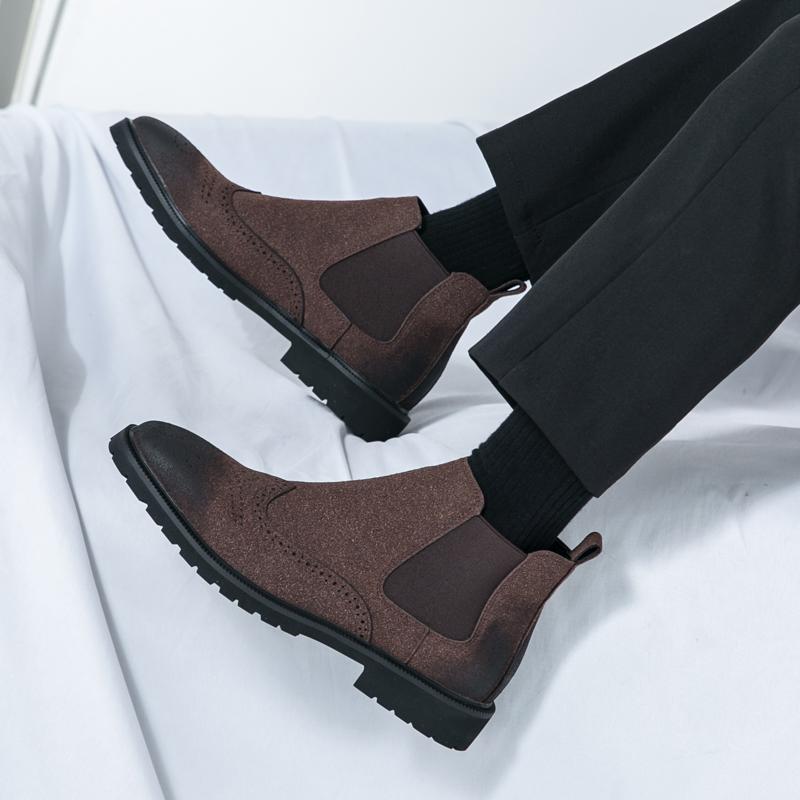 Fashion Men's Chelsea Boots Retro Style Classical Cow Suede Genuine Leather Men Fashion Brogue Comfy Ankle Boot Mens Casual Short Boots