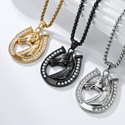 Horseshoe Full Diamond Horse Head Titanium Steel Necklace Hip Hop Hiphop Stainless Steel K Gold Plated Pendant