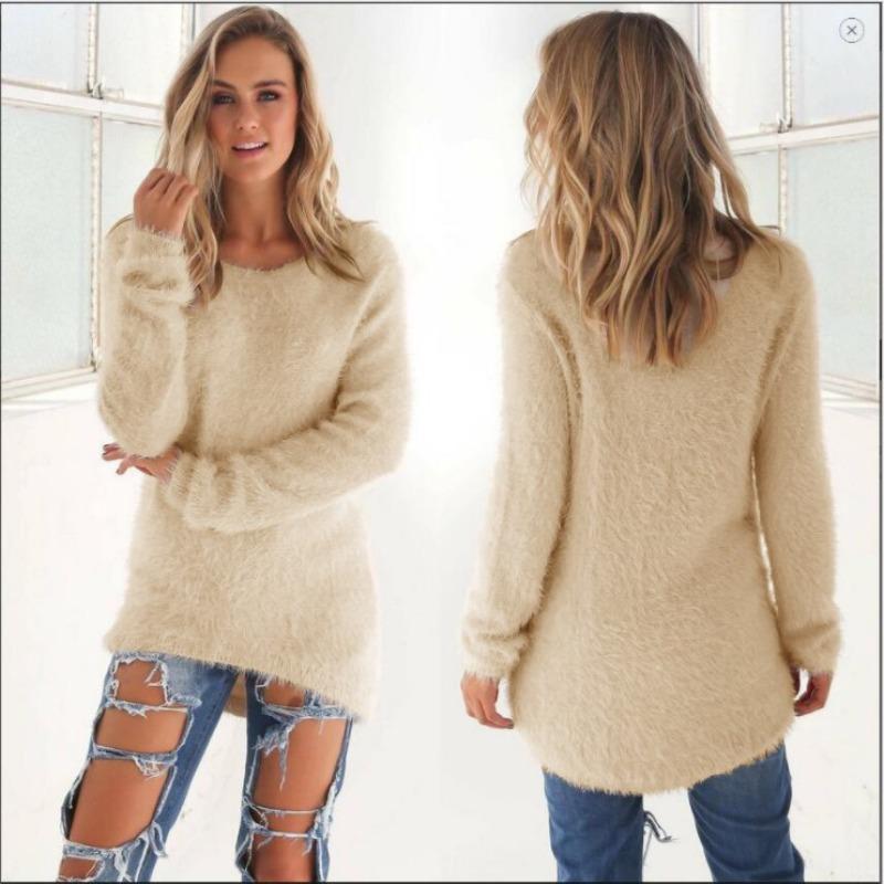 Women's Solid Color Fuzzy Plush Crew Neck Long Sleeve Loose Casual Pullover Sweater Top