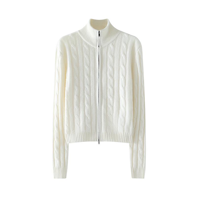 Women's High-Neck Zipper Cardigan: Warm Cashmere Wool Knitwear, Thick Cable Knit Sweater Coat for Autumn & Winter.