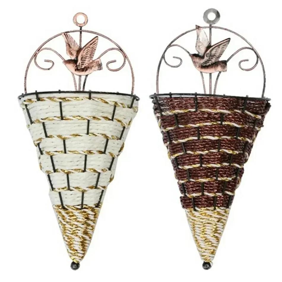 1Pcs Hanger Flower Basket Metal Plant Hang Baskets Home Garden Wall Decoration Natural Rattan Wall Planter Hanging Flower Pot