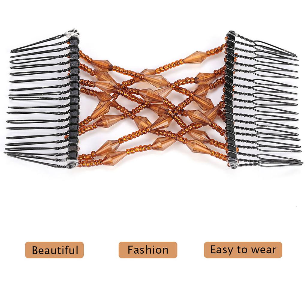 Women Girl Magic Easy Hair Beads Slide Stretchy Comb Clip Stretchable Hairpin Coffee