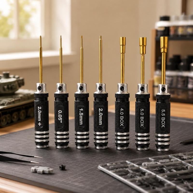 7-Piece Model Screwdriver and Nut Tool Set with Knurled Metal Grips and Size Labels for Scale-Model Assembly, Adjustment, and Maintenance Tasks