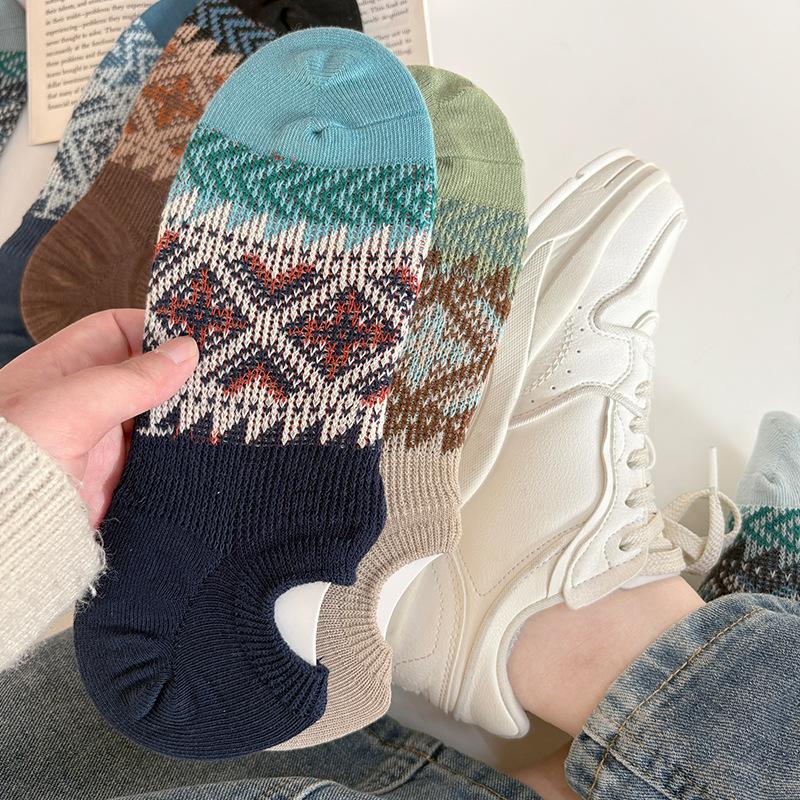 Retro Socks, Men's Spring and Summer Thin Short Socks, Ethnic Style Low-waist Boat Socks, Invisible Socks, Anti-slip Trendy Cotton Socks