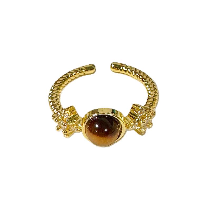 18k Gold Plated Tiger Eye Open Ring - Retro, High-End, Versatile Fashion Jewelry.