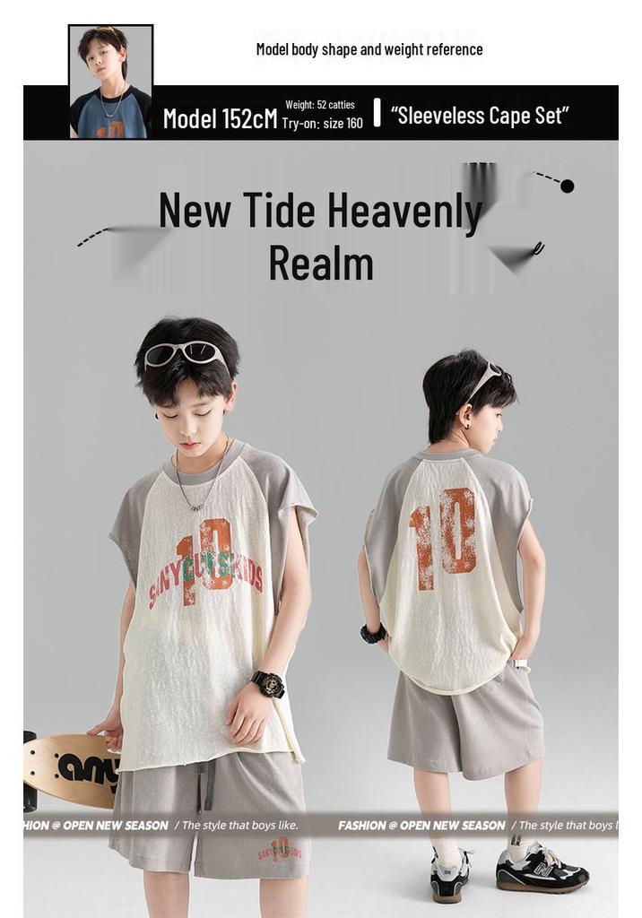 Color Block Boys' Korean Style Summer Sportswear Set - Loose Fit, Short Sleeve & Shorts, Medium/Large