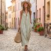Mouweloze Gestreepte Maxi Jurk met Ruches V-hals Losse Pasvorm Lange Jurk voor Dames Casual Zomer Strandkleding Zomerjurk