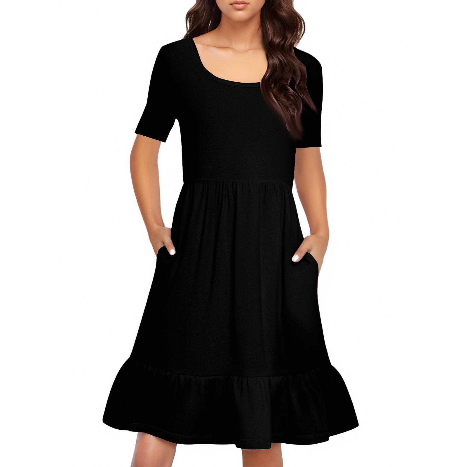 

Жіноча повсякденна сукня з круглим вирізом і короткими рукавами, суцільна плісирована сукня з вільною талією L чорний