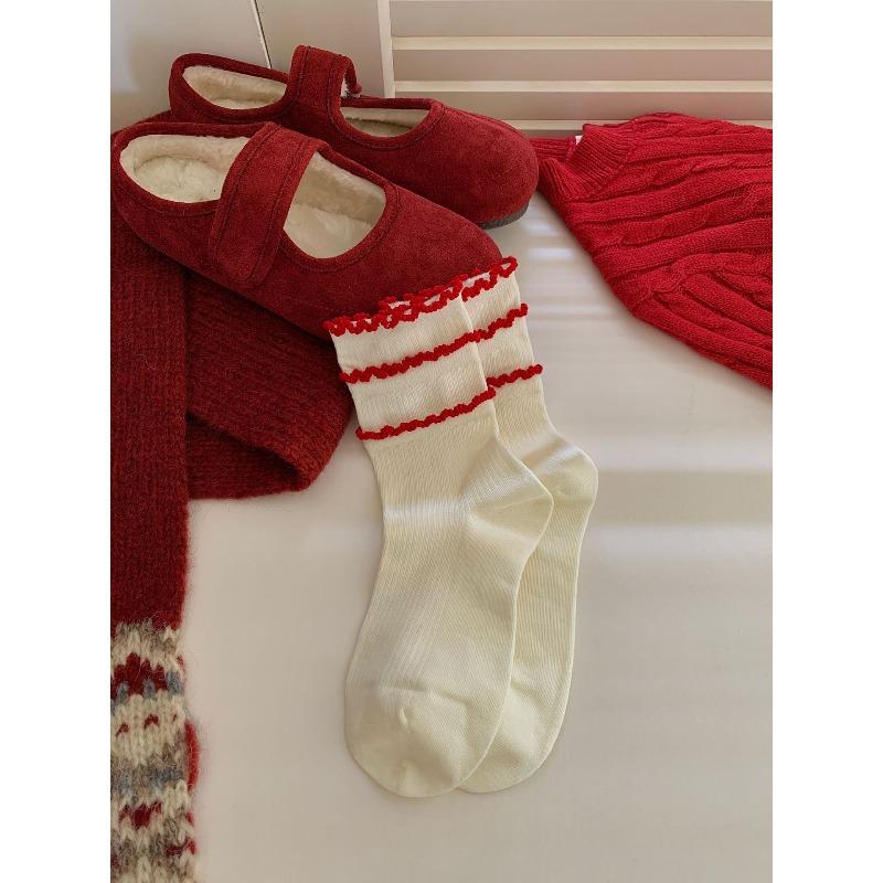 Good Luck In The New Year with Red Dui Dui Socks, Fabric Label, Button Accessories, Women's Pure Cotton Double Lace, Bow