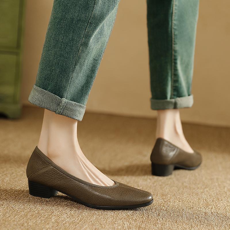 Fashion 2025 New Genuine Leather pumps Fashion Slip-On Spring Women's Shoes med-heel Square Toe Boat Shoes Handmade Size 34-41