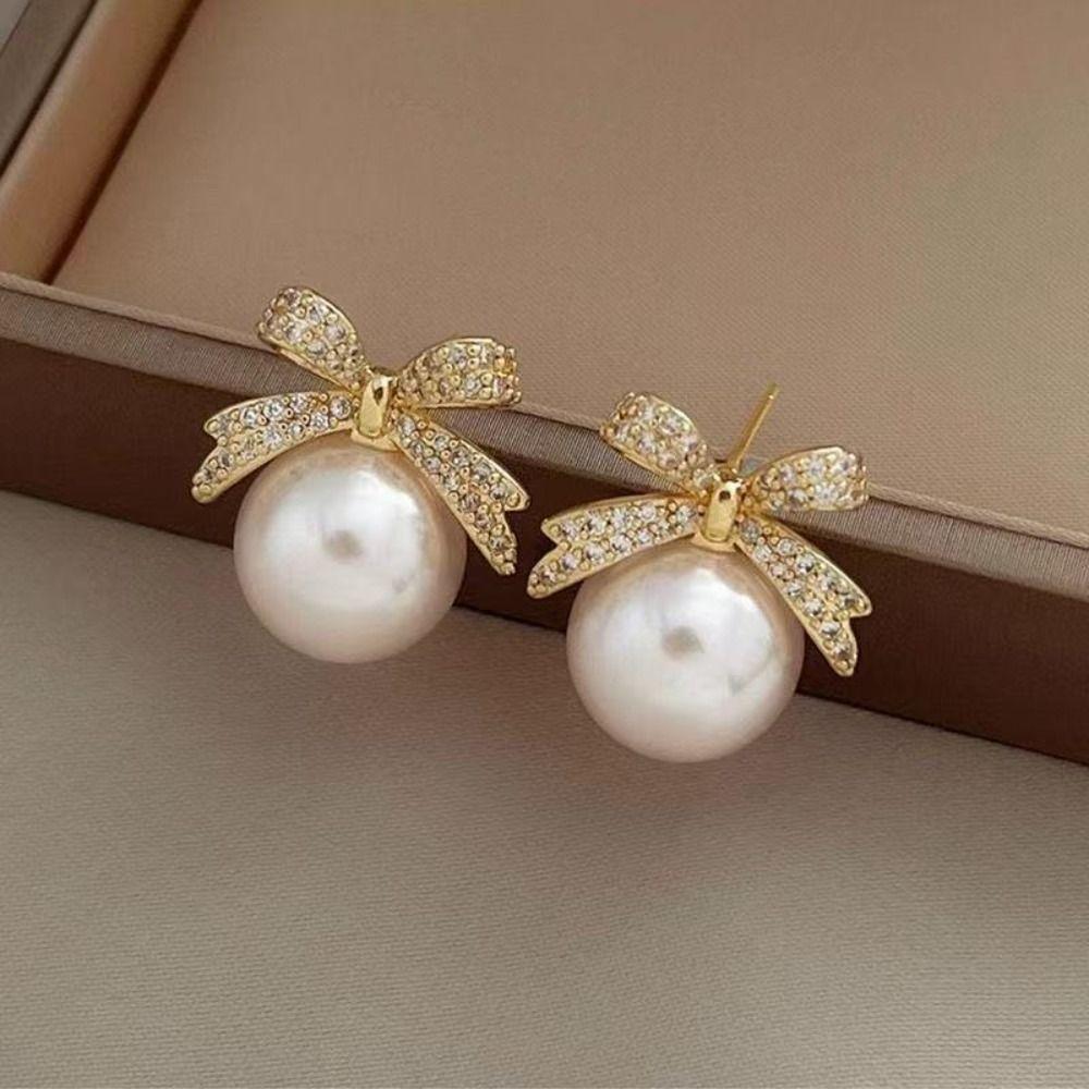 Exquisite Small Bow-knot Pearl Earrings Sparkling Rhinestone Light Luxury Earrings Birthday Gifts