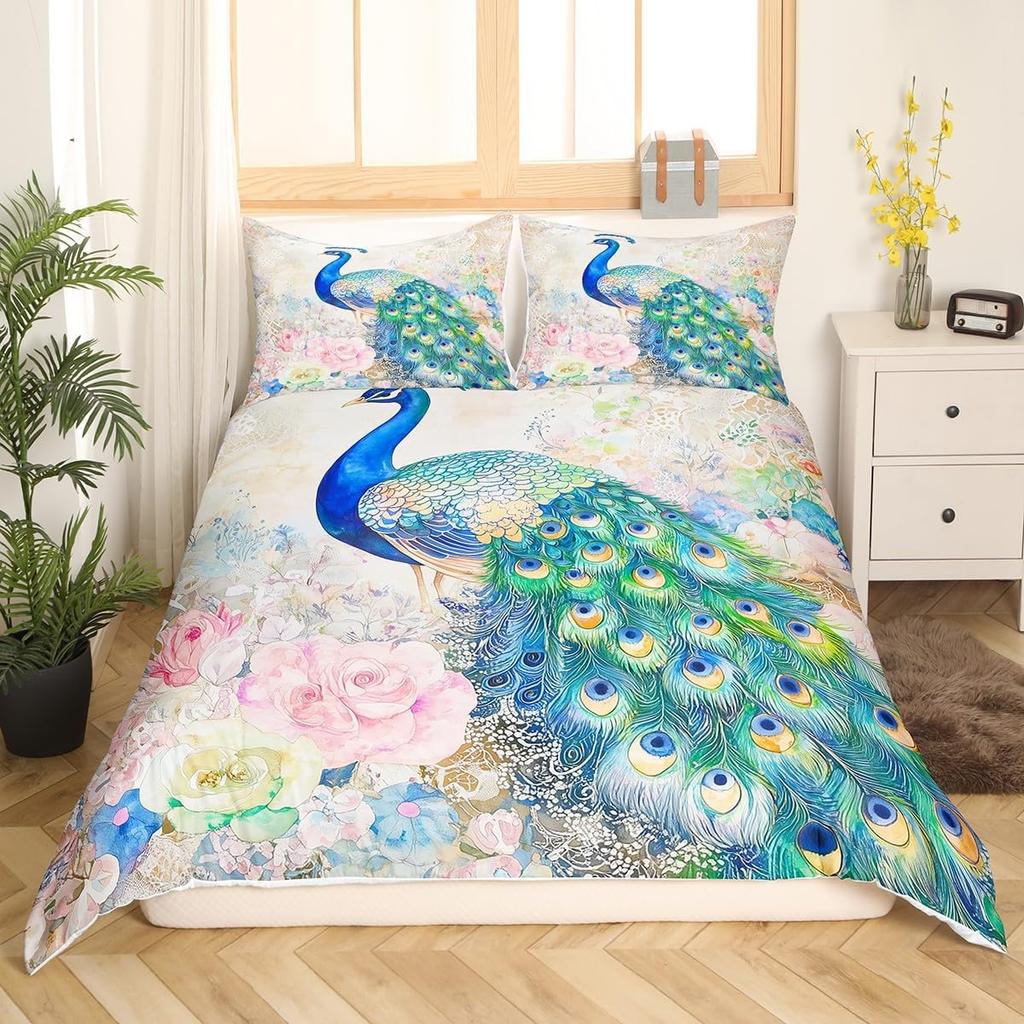 Feelyou Peacock Duvet Cover Twin Size Kids Peacock Feathers Design Floral Comforter Cover Set for Boys Girls Teens Animal Theme Bedding Set