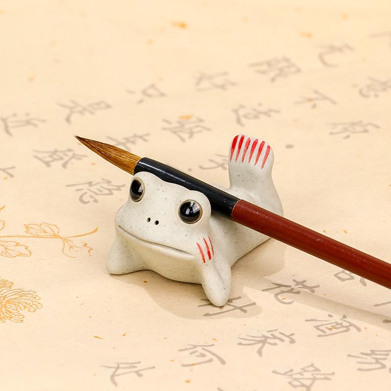 Ceramic Frog Calligraphy Pen Holder and Paperweight Set