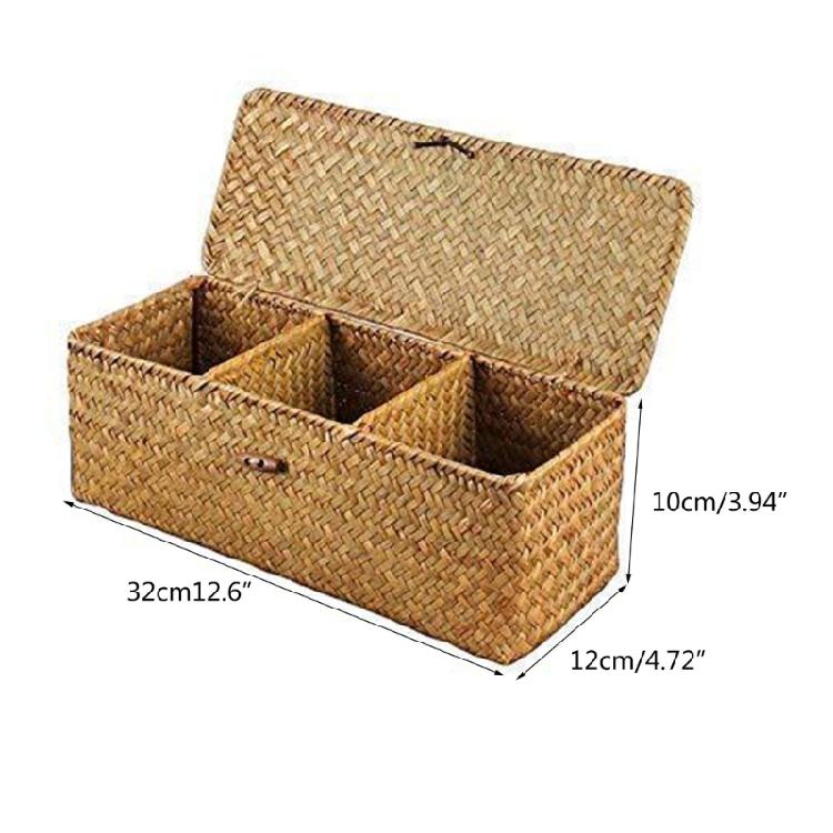 Handwoven Creative Desktop Storage Basket,3 Grids Cosmetic Storage Box Jewelry Organiser Case Bamboo Weaving Container