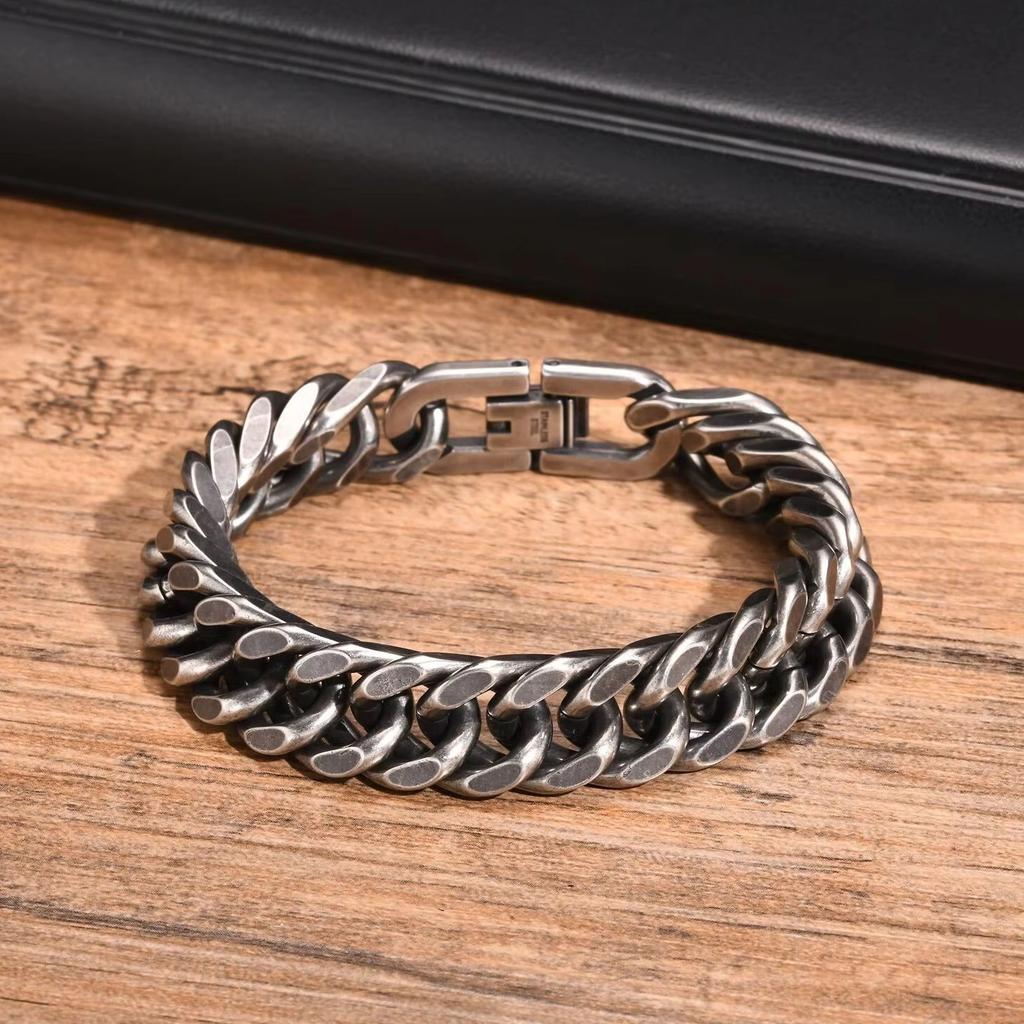 Vintage Men's Chunky Chain Bracelets,8/10/12mm Retro Grey Stainless Steel Cuban Chain Wristband,Rock Punk Classic Jewelry Gifts