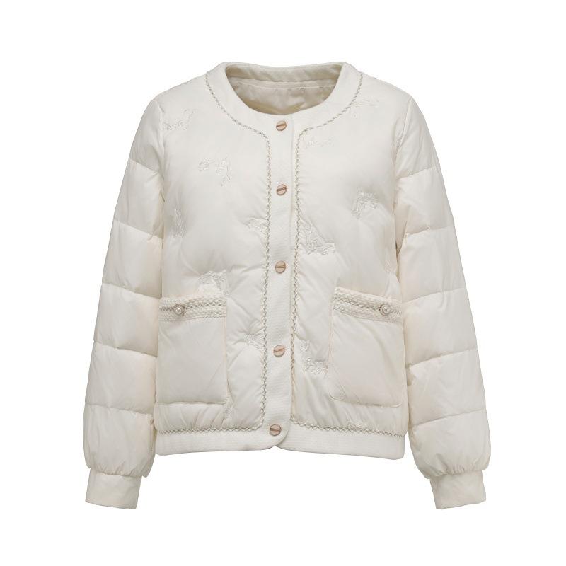 Xiaoxiangfeng light and thin small down jacket short winter new embroidered round neck trimmed collarless duck down jacket