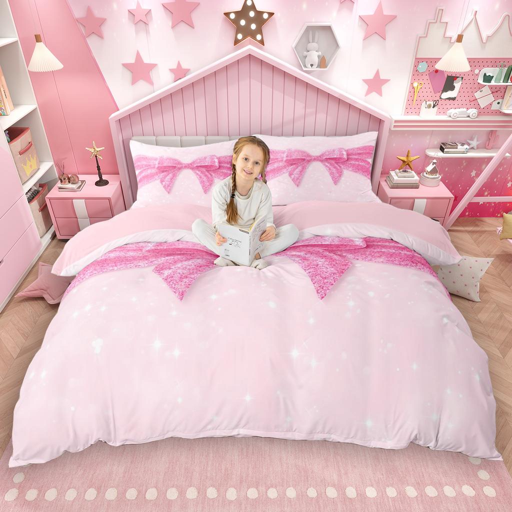 Homewish Kreskówkowy Zestaw Poszewki na Kołdrę z Kokardką 2szt./3szt. dla Dziewczynek, Różowy Zestaw Pościeli z Kokardą, Księżniczkowy Zestaw Pościeli z Wstążką