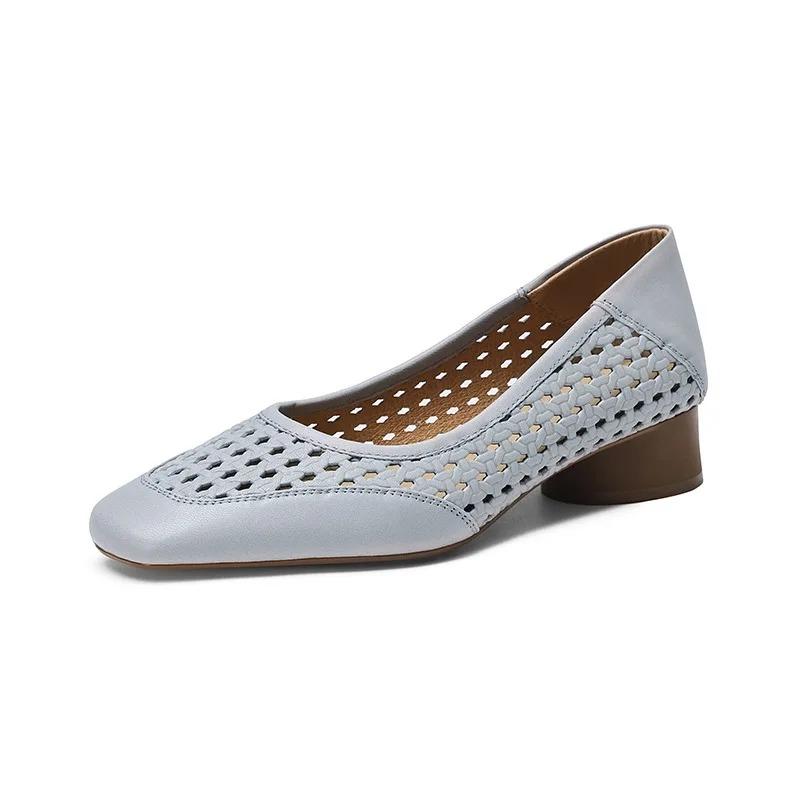 Fashion Design Temperament Hollow High Heel Shoes Women's Summer Leather Square Head Shallow Mouth Shoes Women Zapatos Mujer