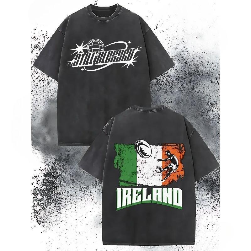 

European sizes Vintage Graphic Irish Flag Rugby Player and Starburst Print Men Oversized Washed Casual T Shirt S