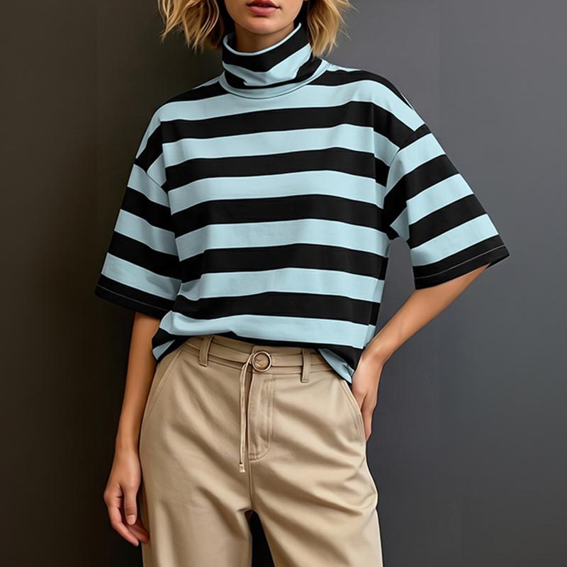 ZANZEA Women Turtleneck Loose Casual Half Sleeve Stripe Blouse
