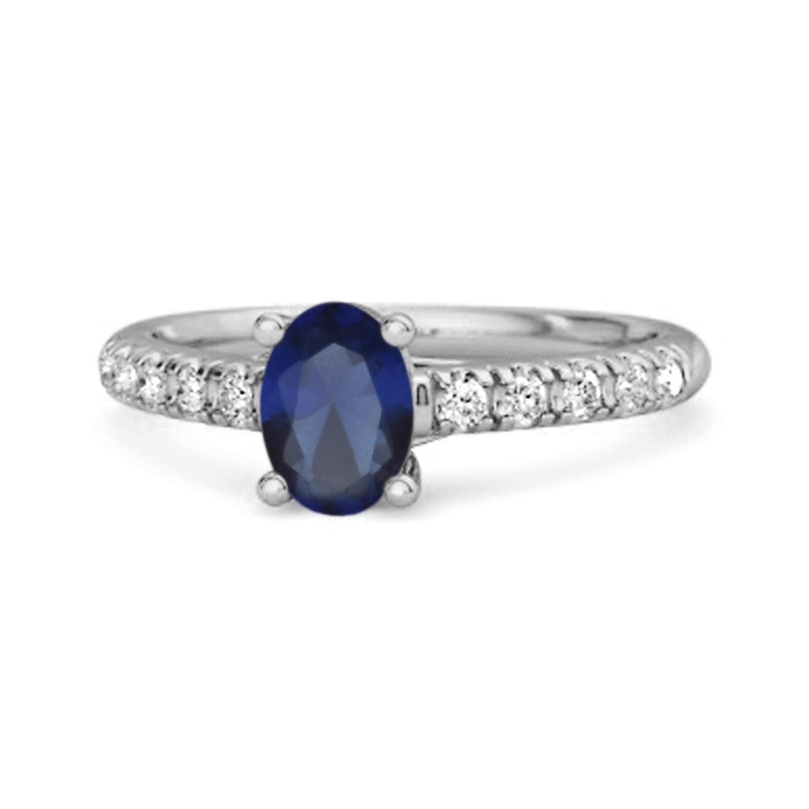 Blue Sapphire Oval Solitaire Accents Ring - 925 Sterling Silver 11
