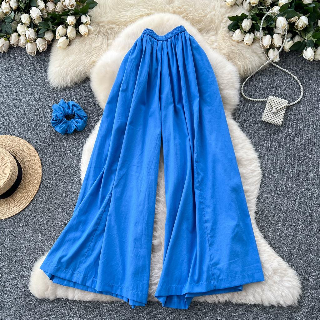 Summer Women Chic Boho Elastic Waist Wide Leg Ankle Length Pant Trouser With Pocket