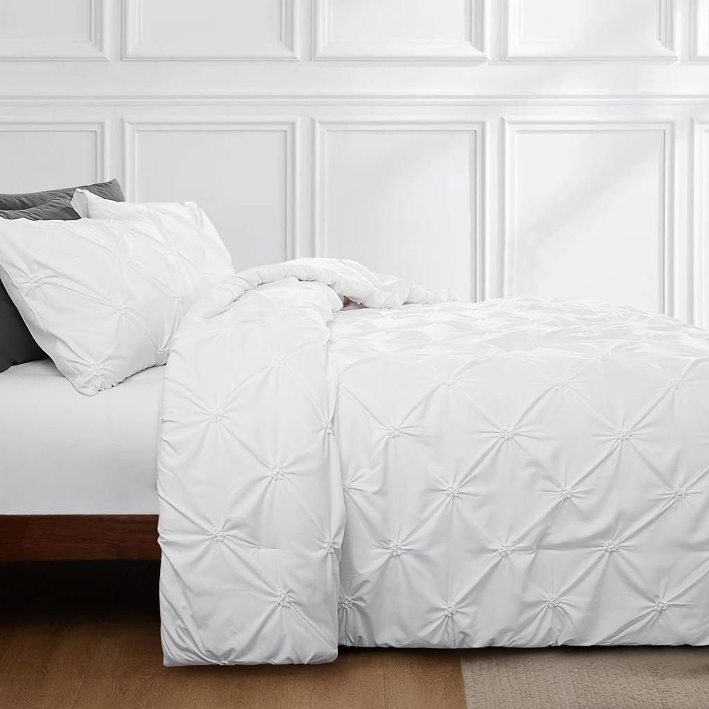Battilo Pinch Pleated Duvet Cover Set Solid Quilt Cover with 2PCS Pillowcases Soft Bedding Set for Twin Full Queen King Size Bed