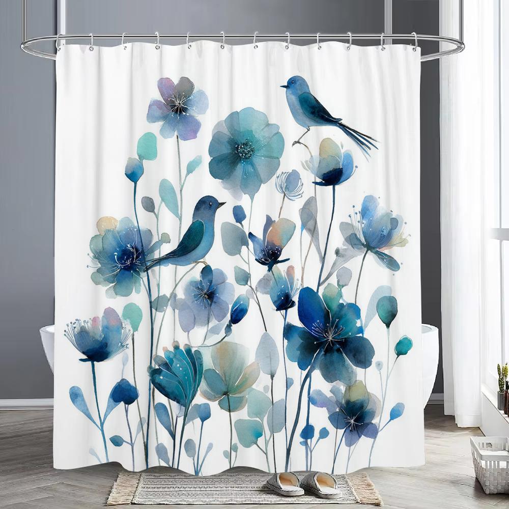 Blue Floral Shower Curtain, Bathroom Decorative Shower Curtain, Printed Polyester Fabric Shower Curtain with Hooks