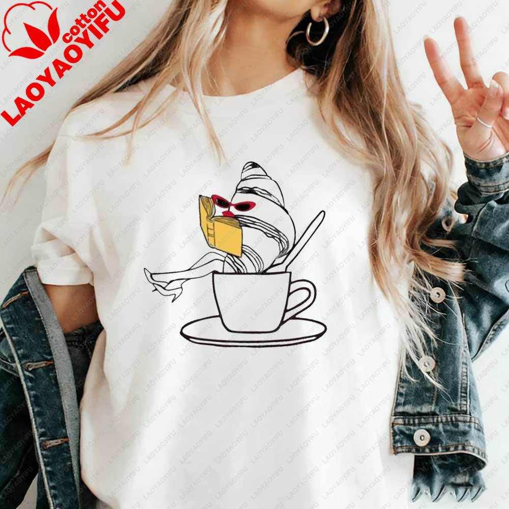 Funny Croissant Coffee Graphic TShirt for Women Cute Cartoon Food Meme Cotton Tshirt Summer Casual Tops Meme Streetwear Shirts