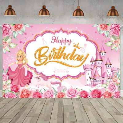 Birthday Decoration Banner, Princess Castle Pink Theme Birthday Party Banner