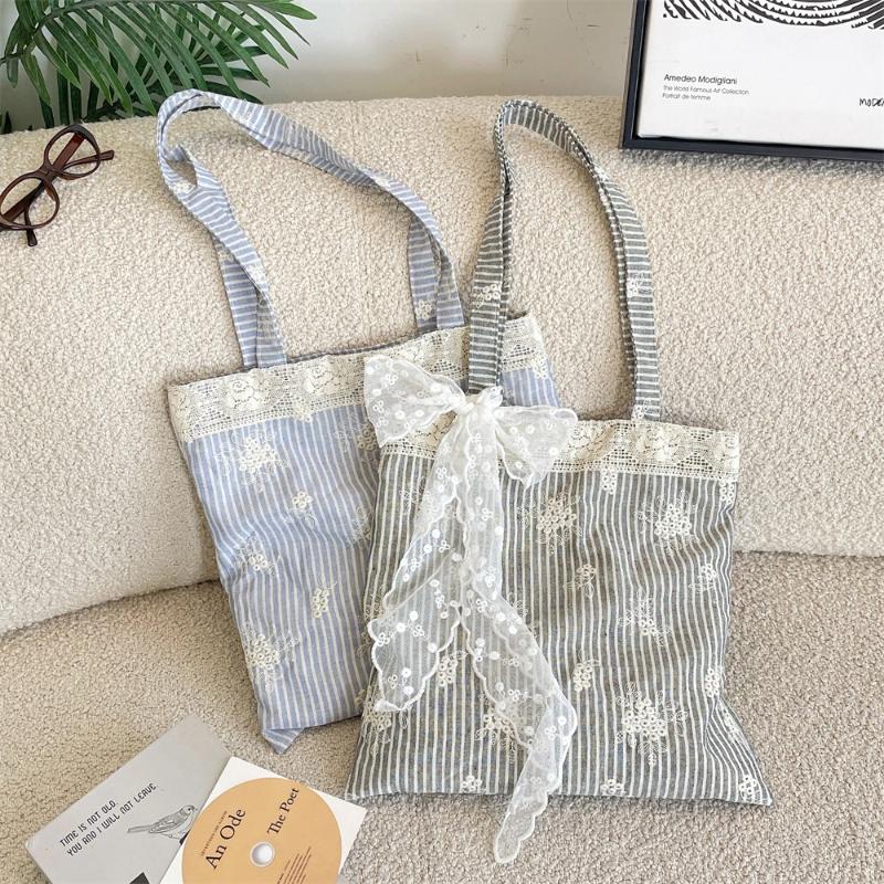 Big Pouch Tote Bag Lace Shoulder Bag With Ribbon Korean Style Simple Canvas Handbag Cloth Kawaii Large Capacity Bag Travel