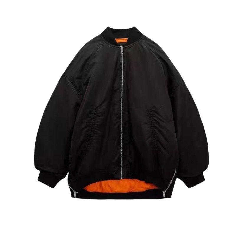 

Sexy Pleated Sleeve Oversized Loose Pilot Jacket Black(High quality) L