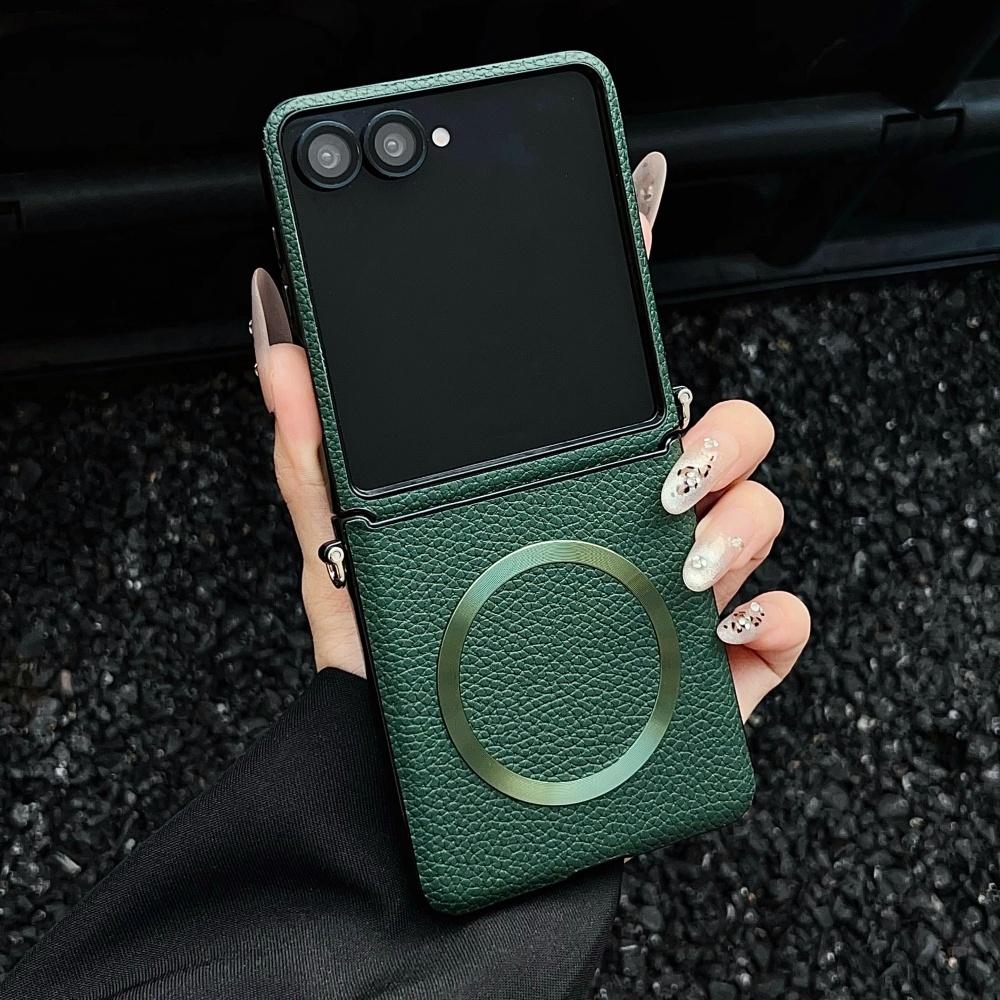 Matte Lichi Leather Soft Magnetic Armor Anti Drop Phone Case for Samsung Galaxy Z Flip 7 6 5 4 for Magsafe Wireless Charge Cover