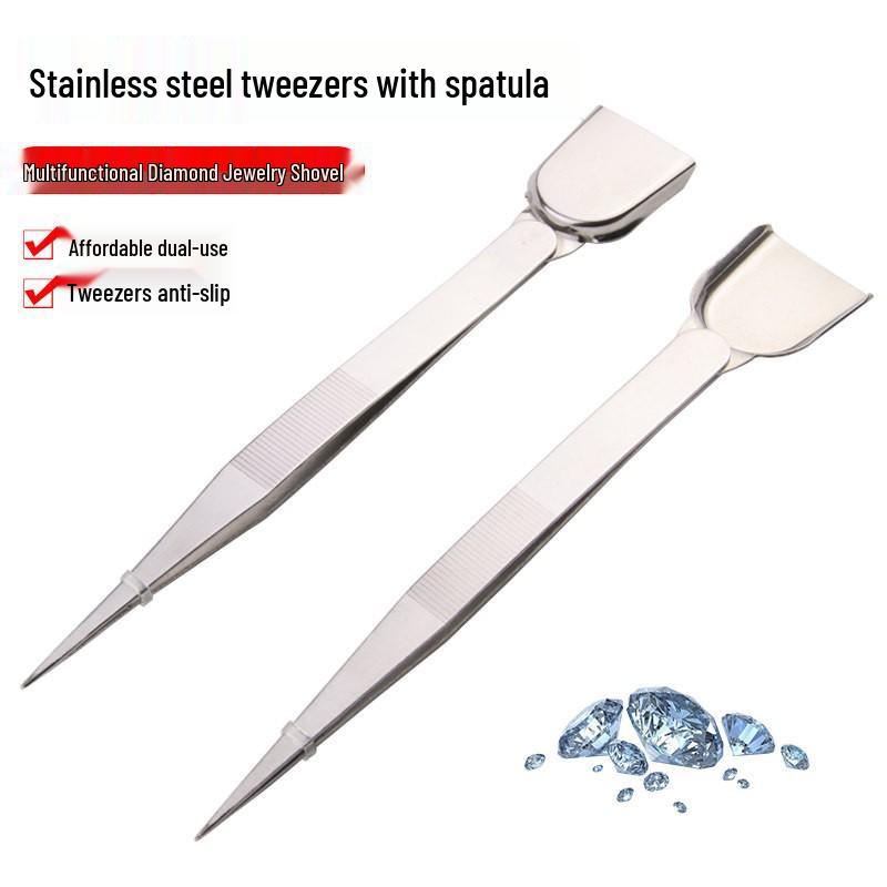 Stainless Steel Gemstone Appraisal Tweezers with Shovel Auxiliary Clip Tool